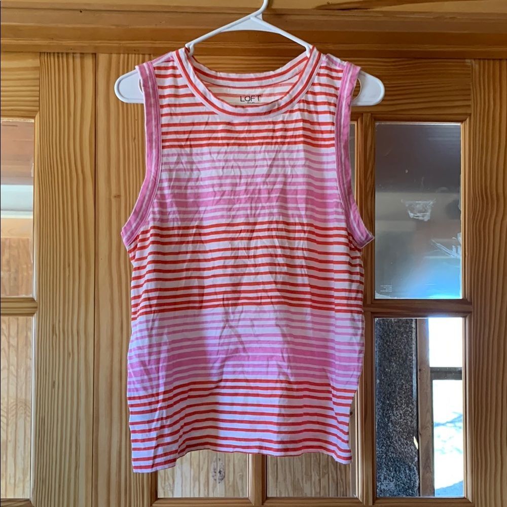 Women’s LOFT Pink Red Pastel Horizontal Striped Tank Top L Large